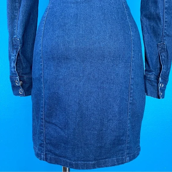 Fitted Denim Mini Dress w/ Long Sleeves in Dark Wash Blue Jean Size 2 XS - Picture 8 of 9